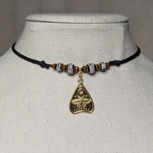 Ouija Planchette Stainless Charm Ceramic Beaded Brown Gold Boho Gothic Necklace